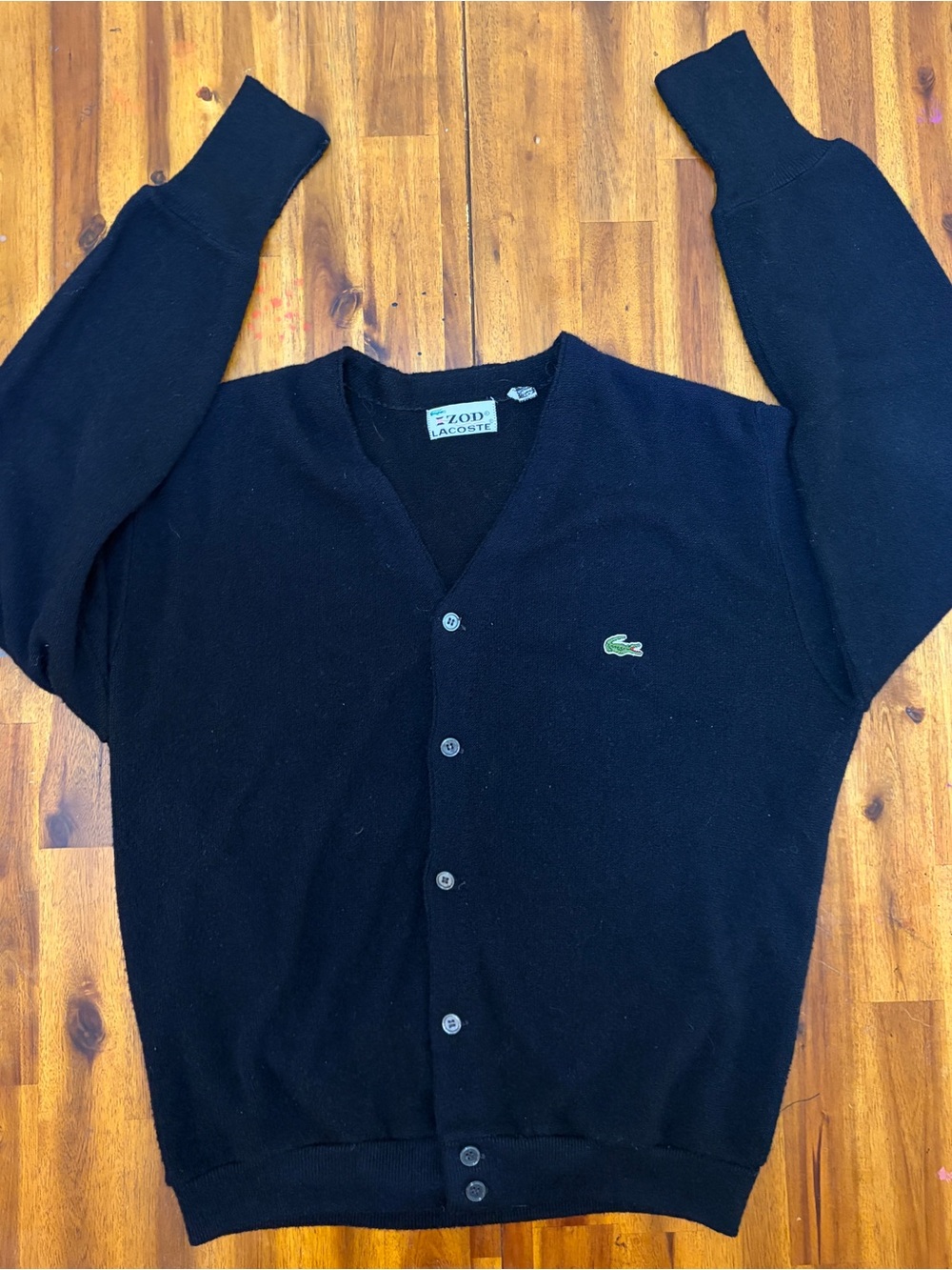 Lacoste Men's Black V-Neck Button-Up Cardigan with Green Crocodile Logo